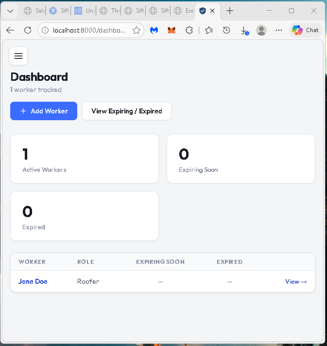 Mobile dashboard showing active workers and certification status