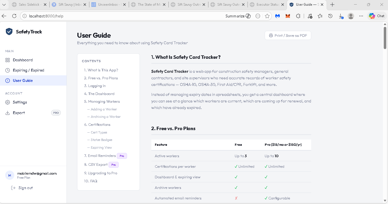 Built-in user guide with contents and feature comparison table